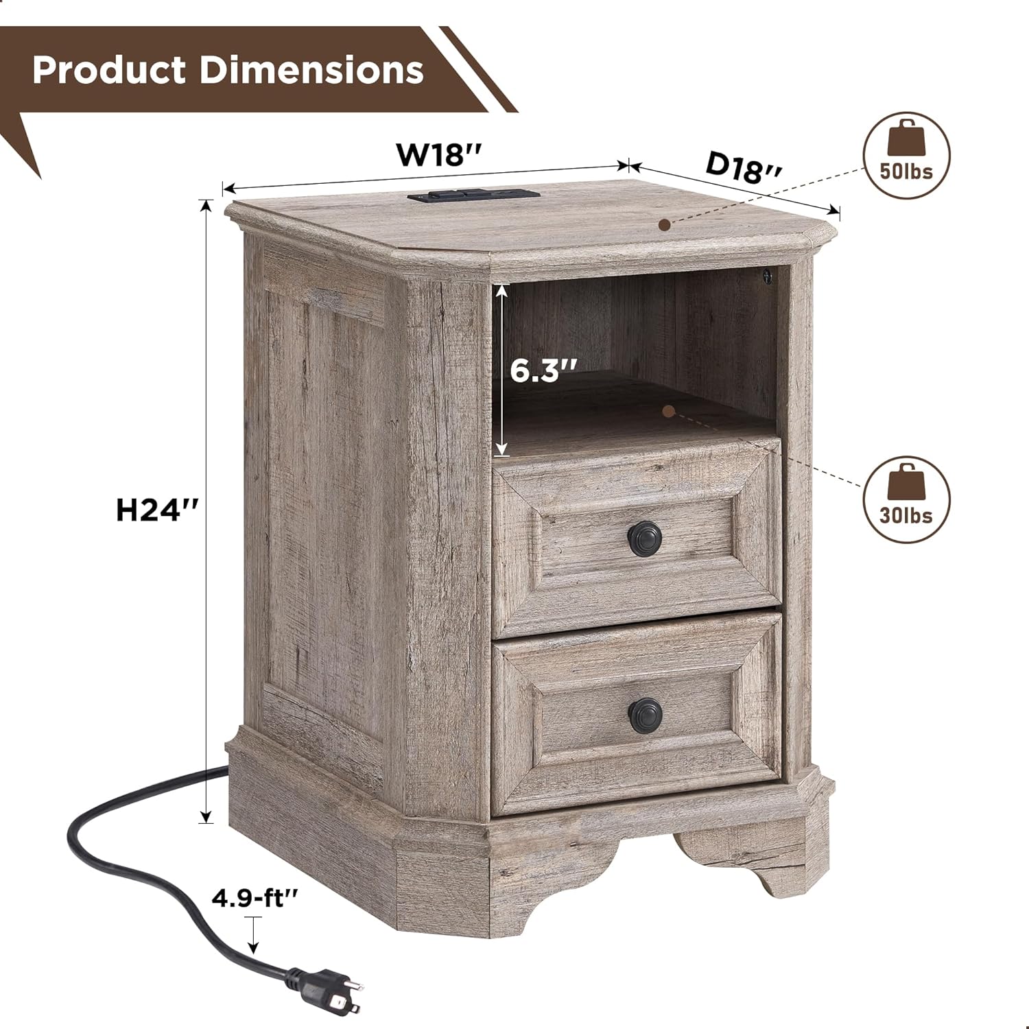 Farmhouse Nightstand with Charging Station Wood End Table Bedside Cabinet