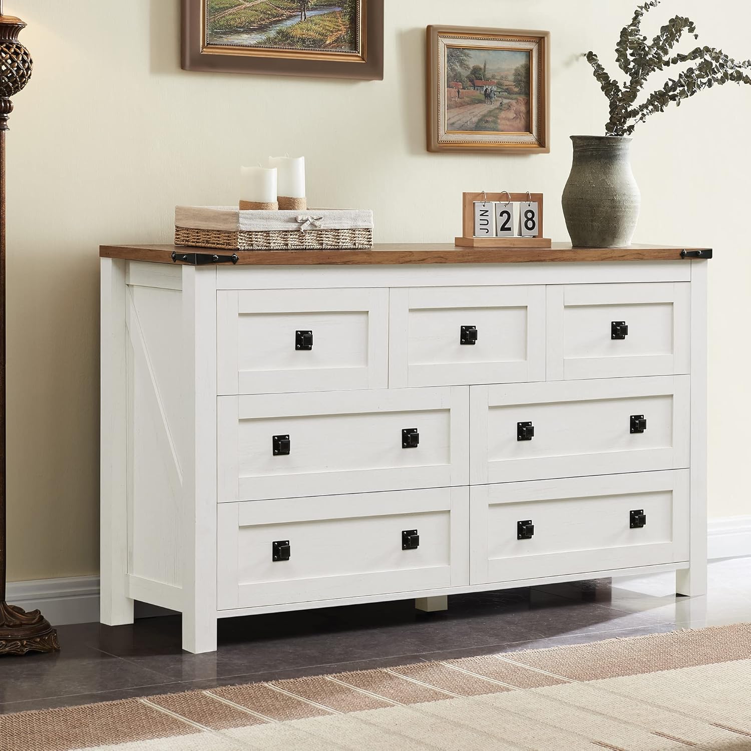 T4TREAM Farmhouse Antique White 7-Drawer Dresser, TV Stand, Organizer