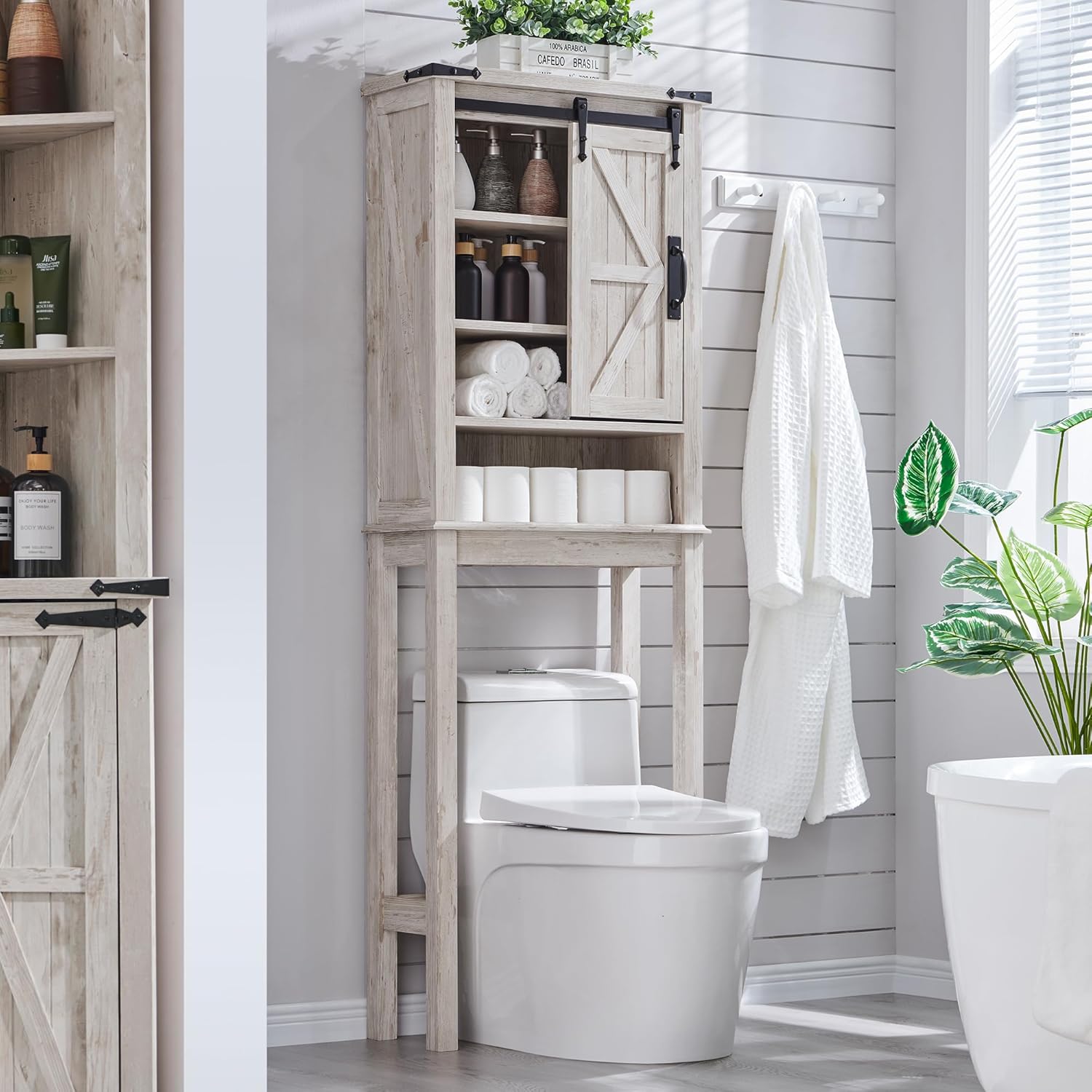 OKD Farmhouse Over The Toilet Storage Cabinet with Sliding Barn Door