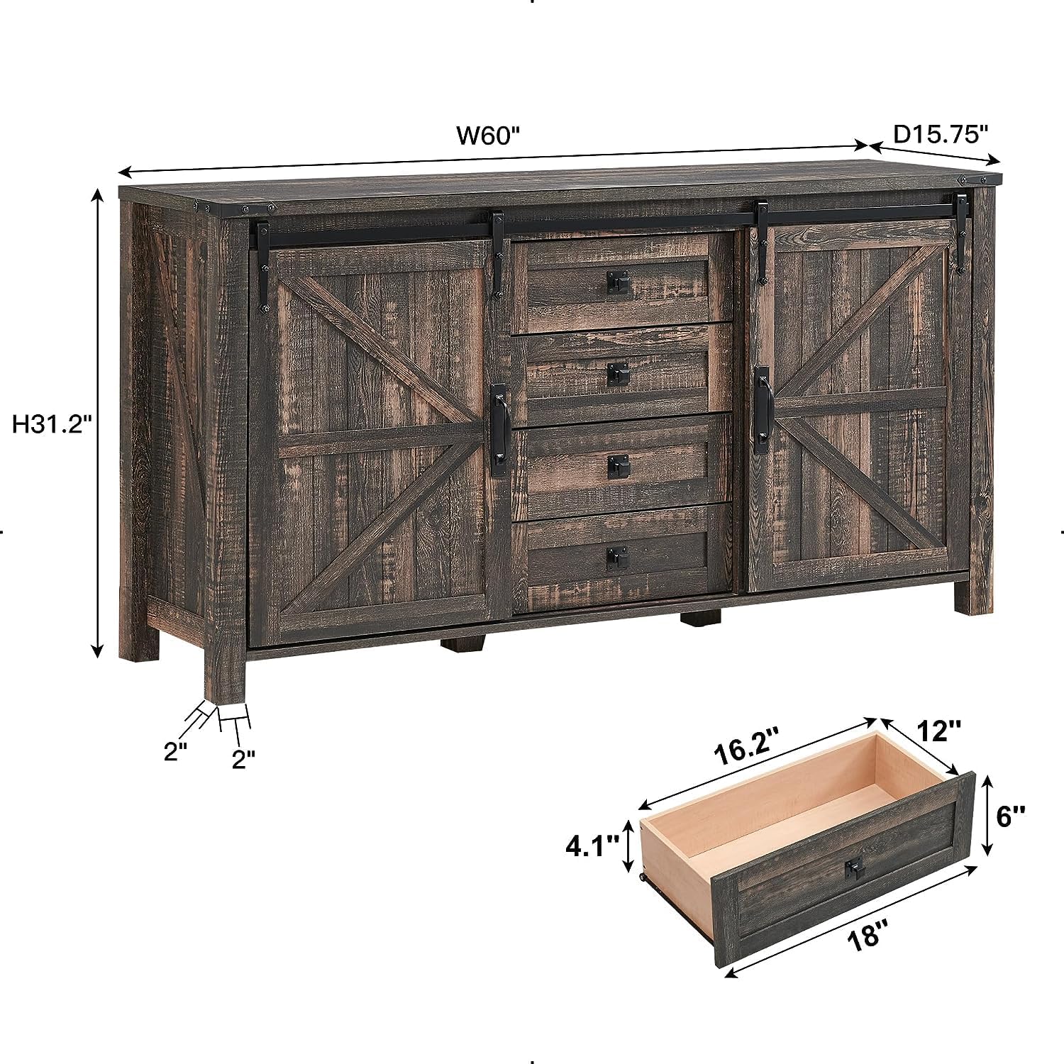 T4TREAM 60'' Farmhouse Dresser with Barn Doors - Rustic Oak
