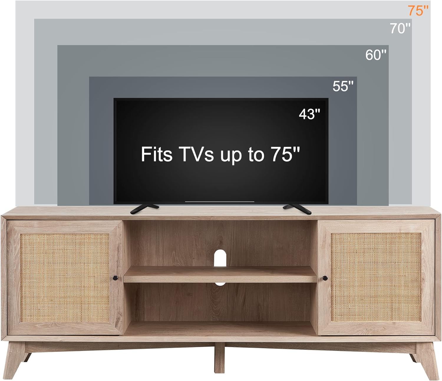 OKD Mid Century Modern TV Stand with Rattan Door for 75+ Inch TV