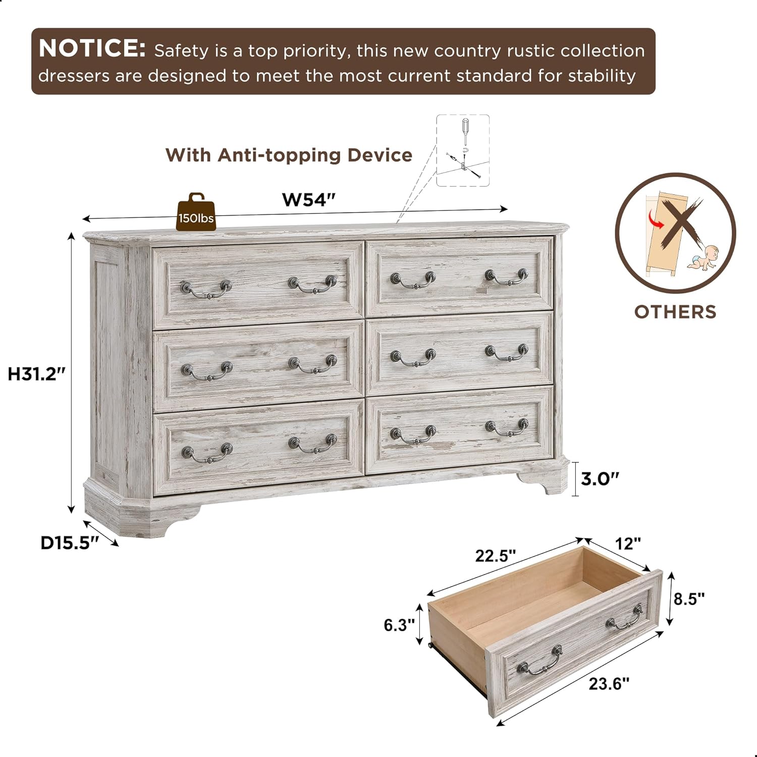 Wide Rustic Farmhouse 6-Drawer Dresser | Distressed White Wood