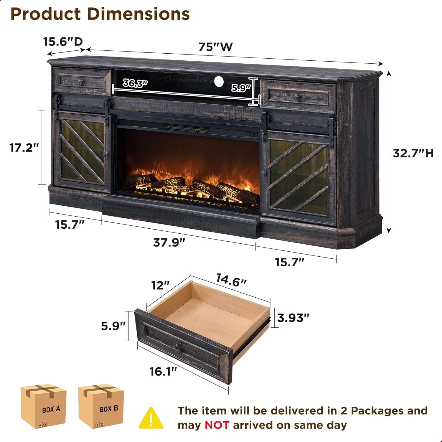 75" Rustic Oak Fireplace TV Stand for 85 Inch TV