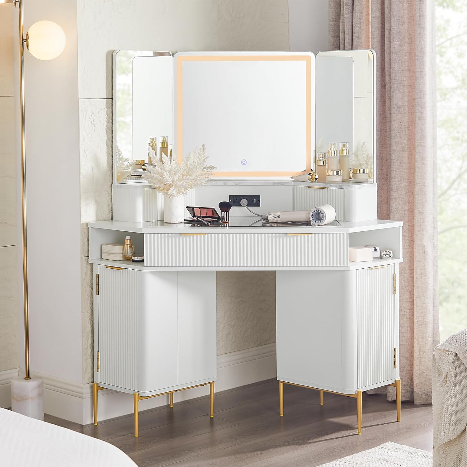 Fluted Corner Vanity Desk with Lighted Mirror and Charging Outlet