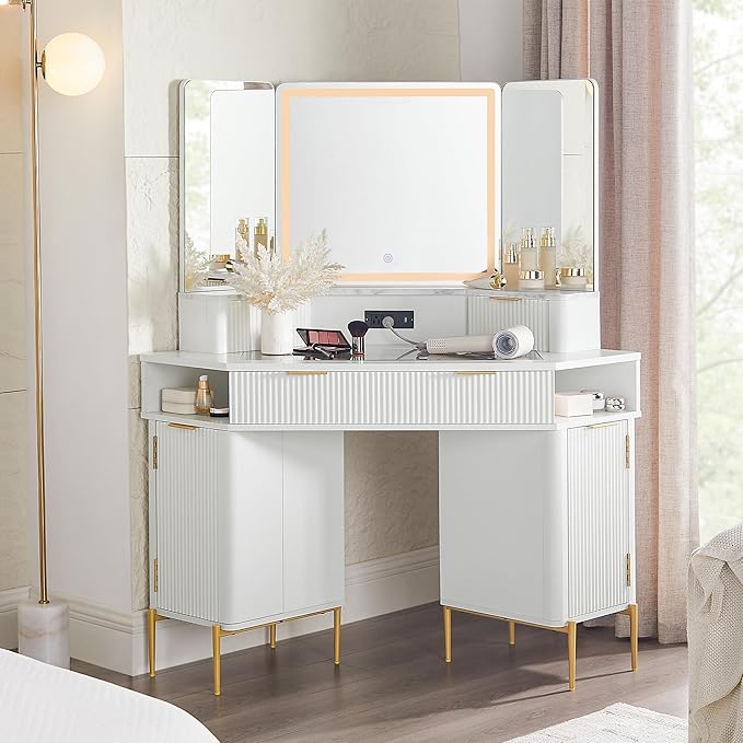 Fluted Corner Vanity Desk with Lighted Mirror and Charging Outlet
