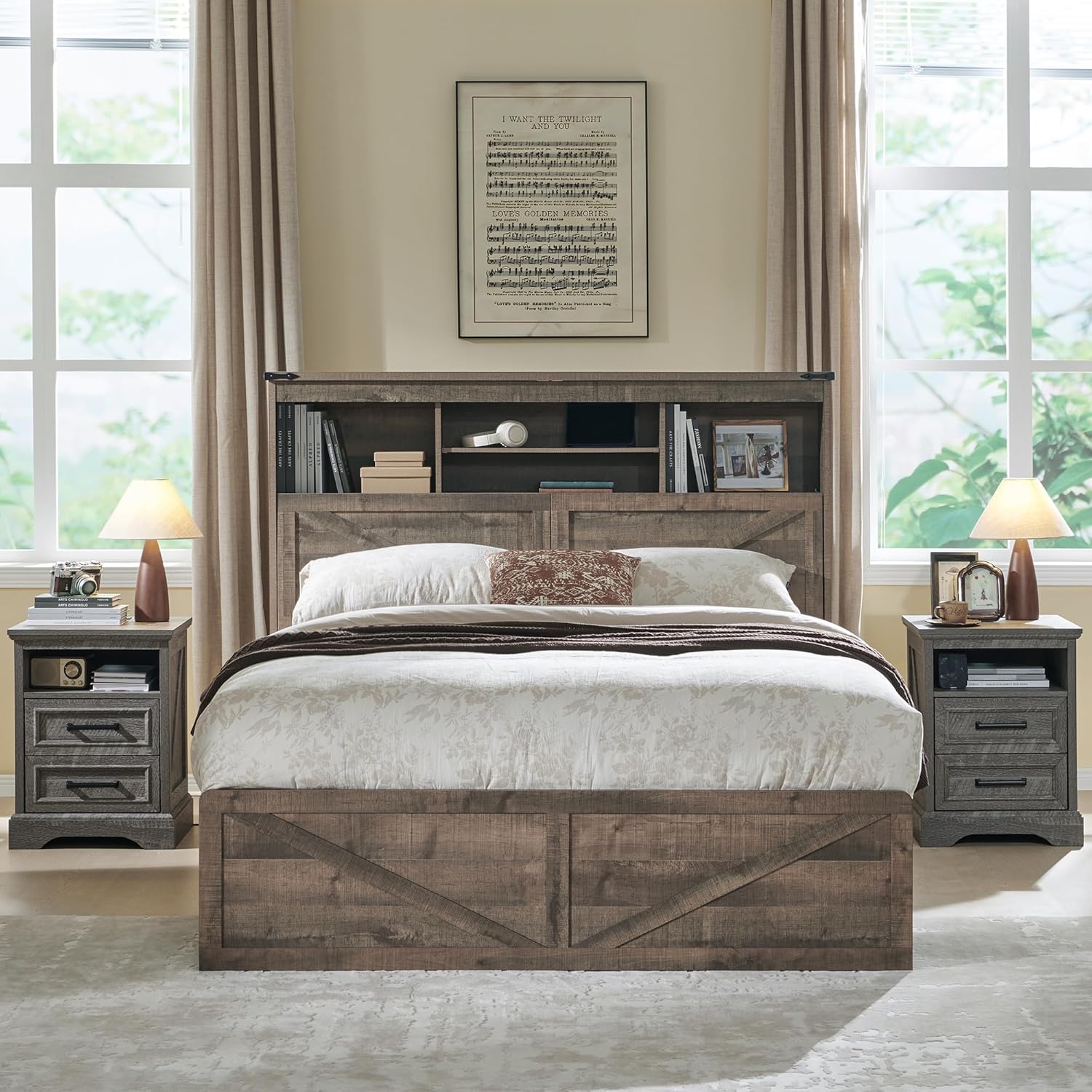 Full Size Farmhouse Wood Bed Frame with Storage Headboard & Drawers