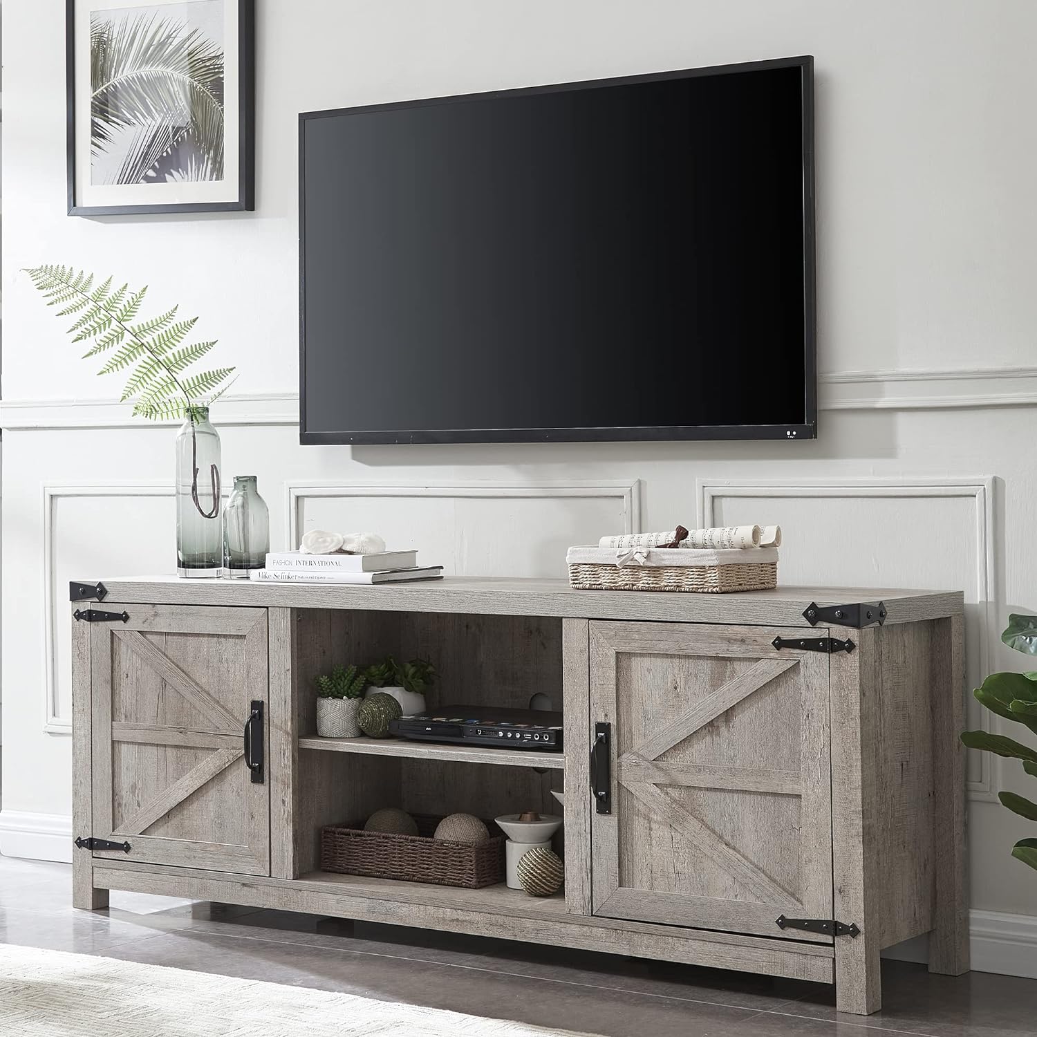 T4TREAM Farmhouse TV Stand with Barn Doors, Gray Wash