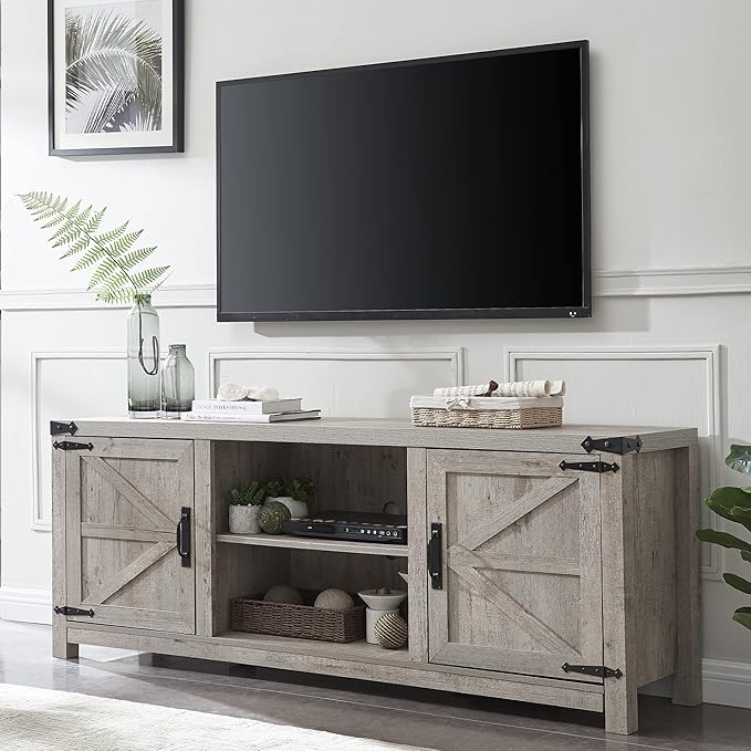 T4TREAM Farmhouse TV Stand with Barn Doors, Gray Wash