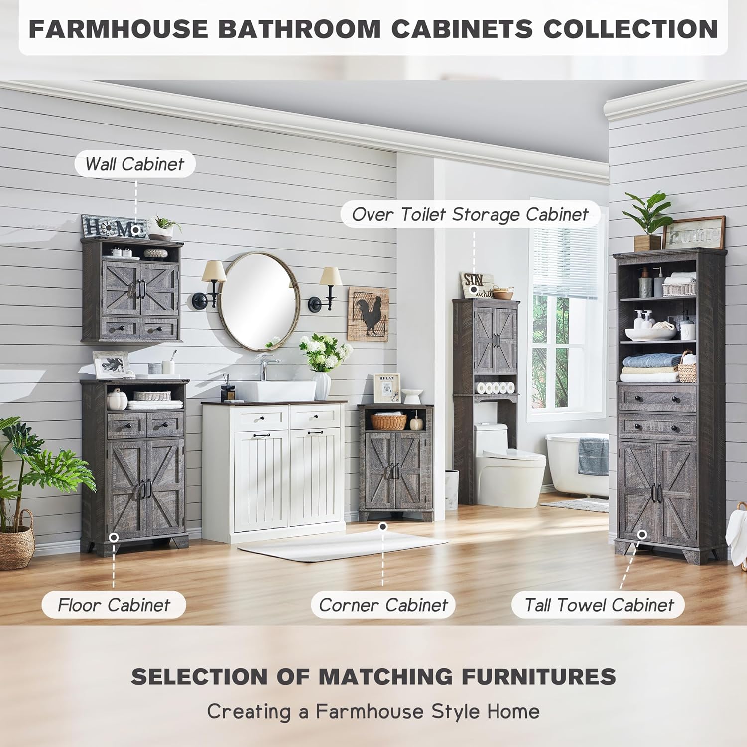Farmhouse Bathroom Floor Cabinet with Drawer and Barn Doors - Grey