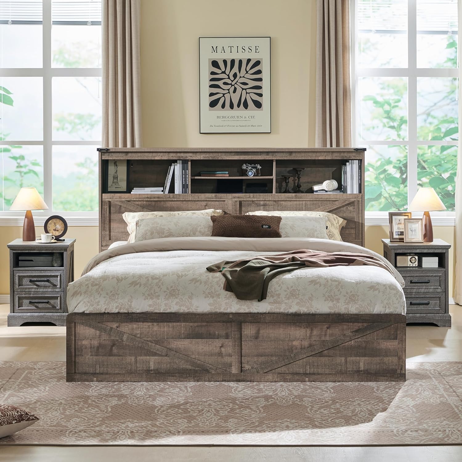 Farmhouse King Bed Frame with Storage Headboard, Drawers & LED