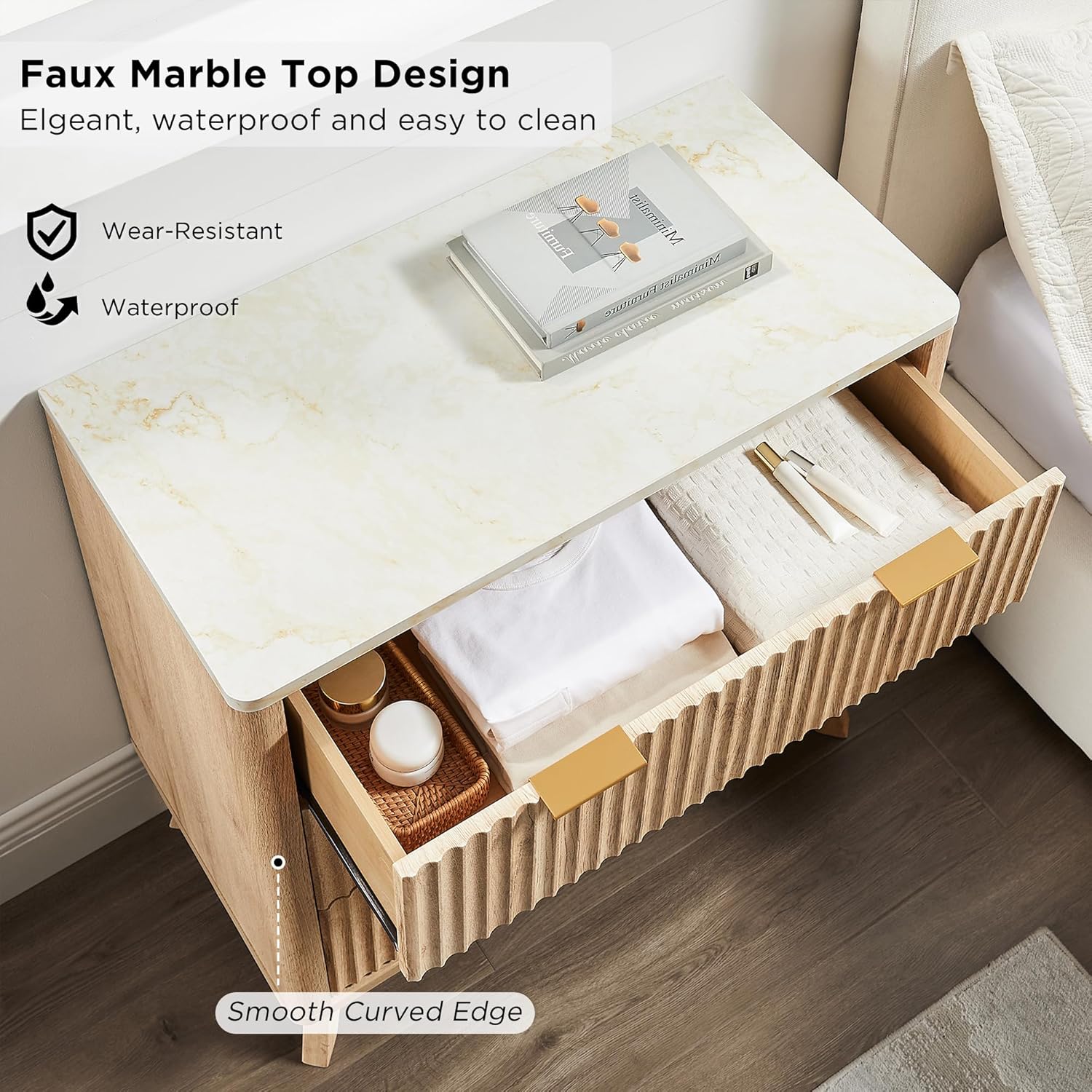 T4TREAM Fluted 3-Drawer Dresser: Modern Chest with Faux Marble Top