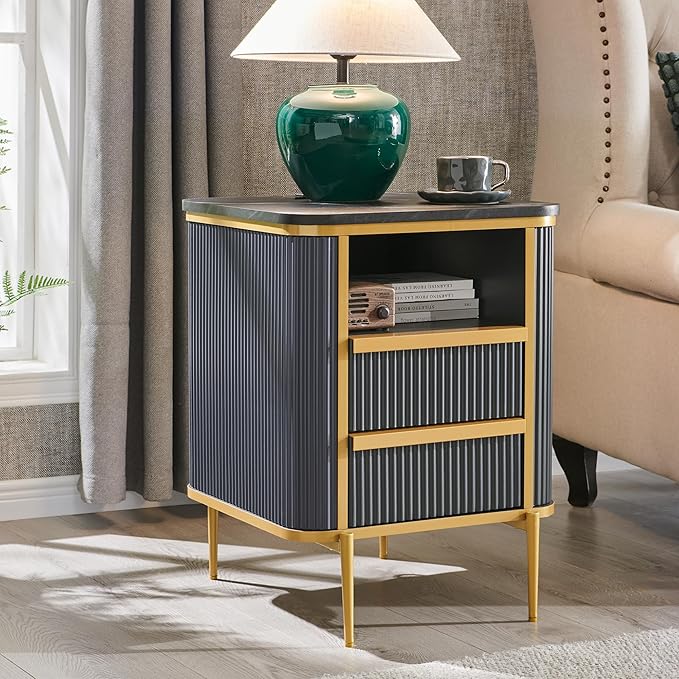 Modern Dark Grey Fluted Nightstand with Charging Station and Drawers