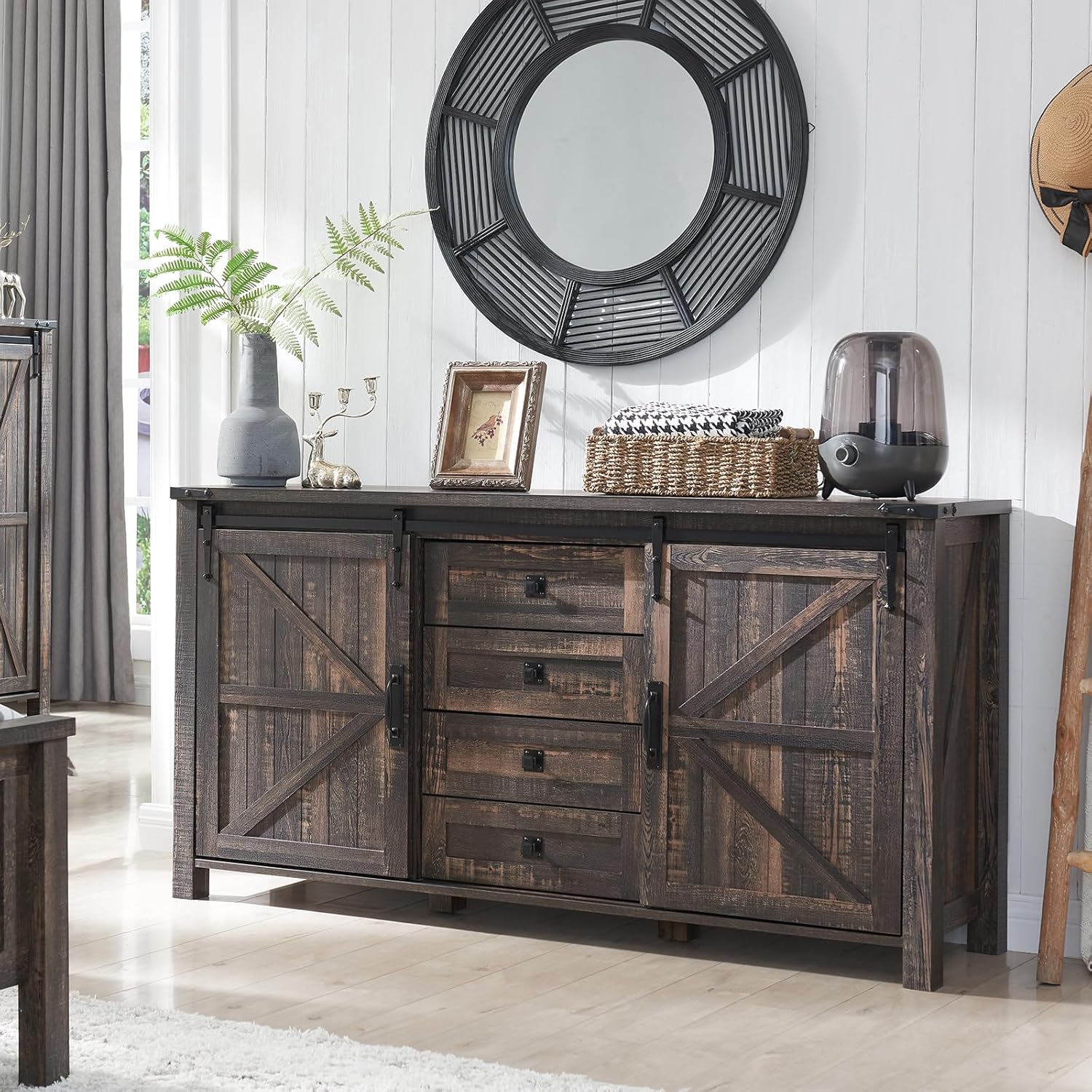 T4TREAM 60'' Farmhouse Dresser with Barn Doors - Rustic Oak