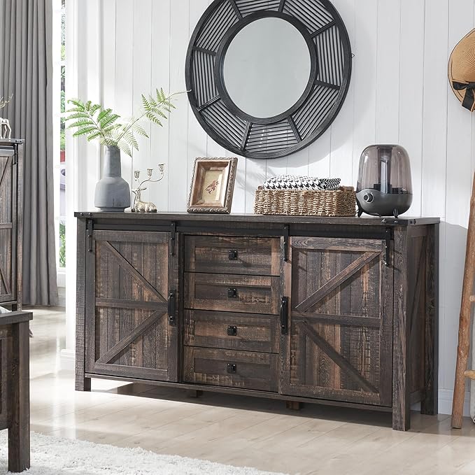 T4TREAM 60'' Farmhouse Dresser with Barn Doors - Rustic Oak