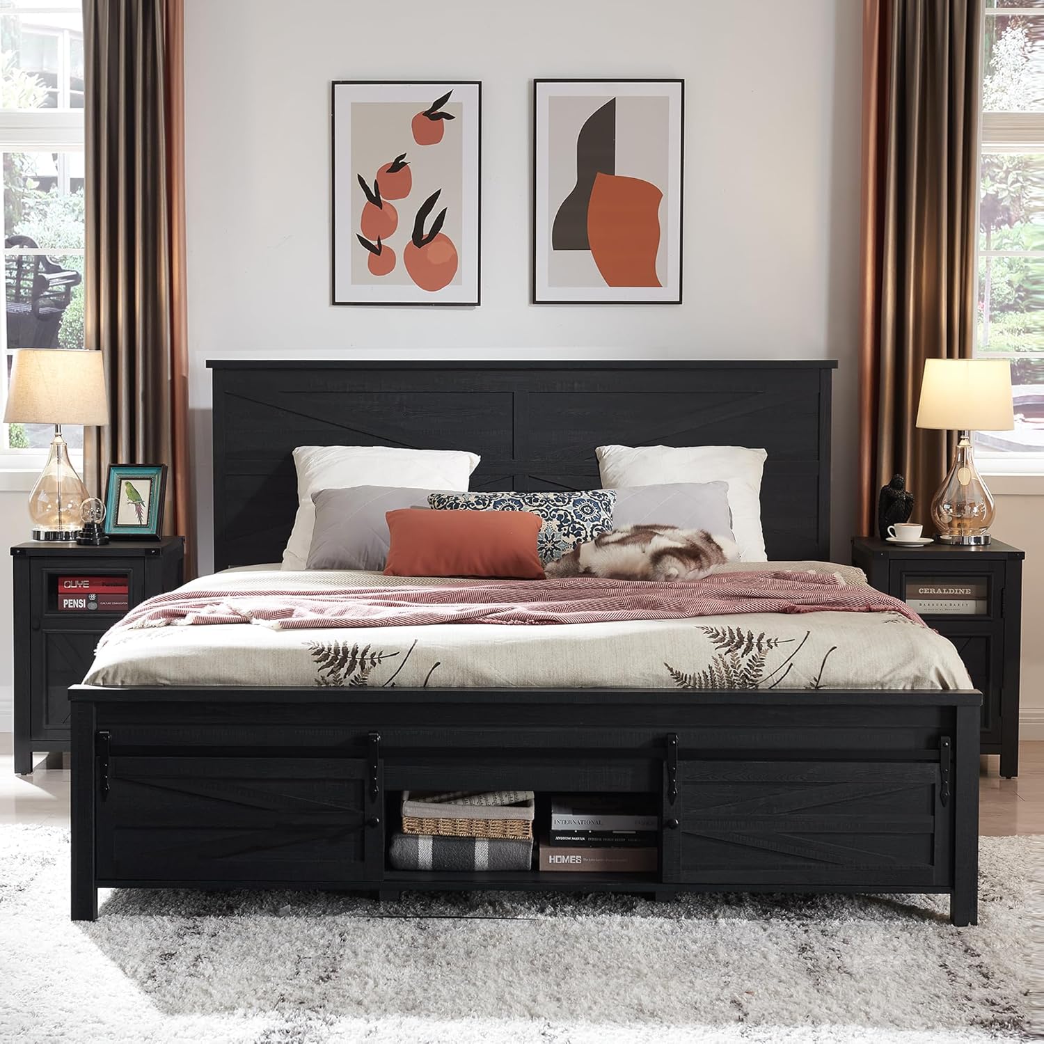 JXQTLINGMU Queen Farmhouse Bed Frame with Barn Door Headboard, Black