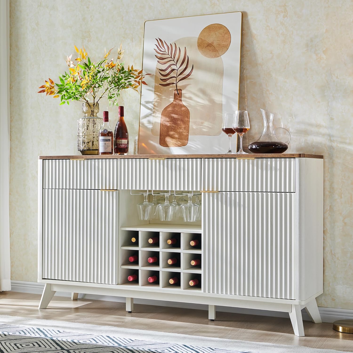 OKD Fluted Wine Bar Cabinet: 60" Modern Coffee Bar, Solid White