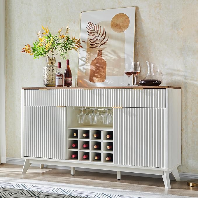 OKD Fluted Wine Bar Cabinet: 60" Modern Coffee Bar, Solid White