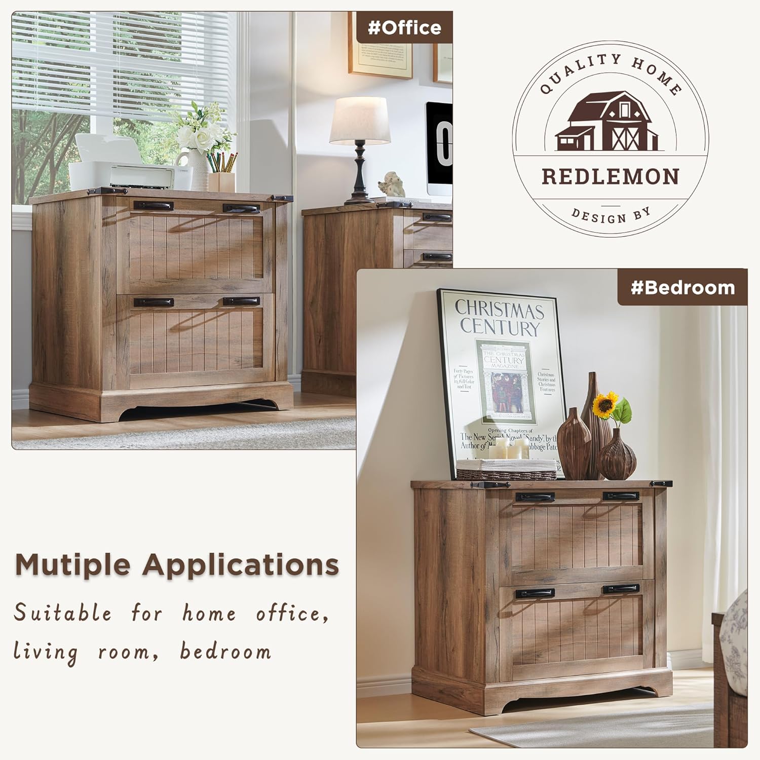 RedLemon Farmhouse 2-Drawer Filing Cabinet - Rustic Oak Finish