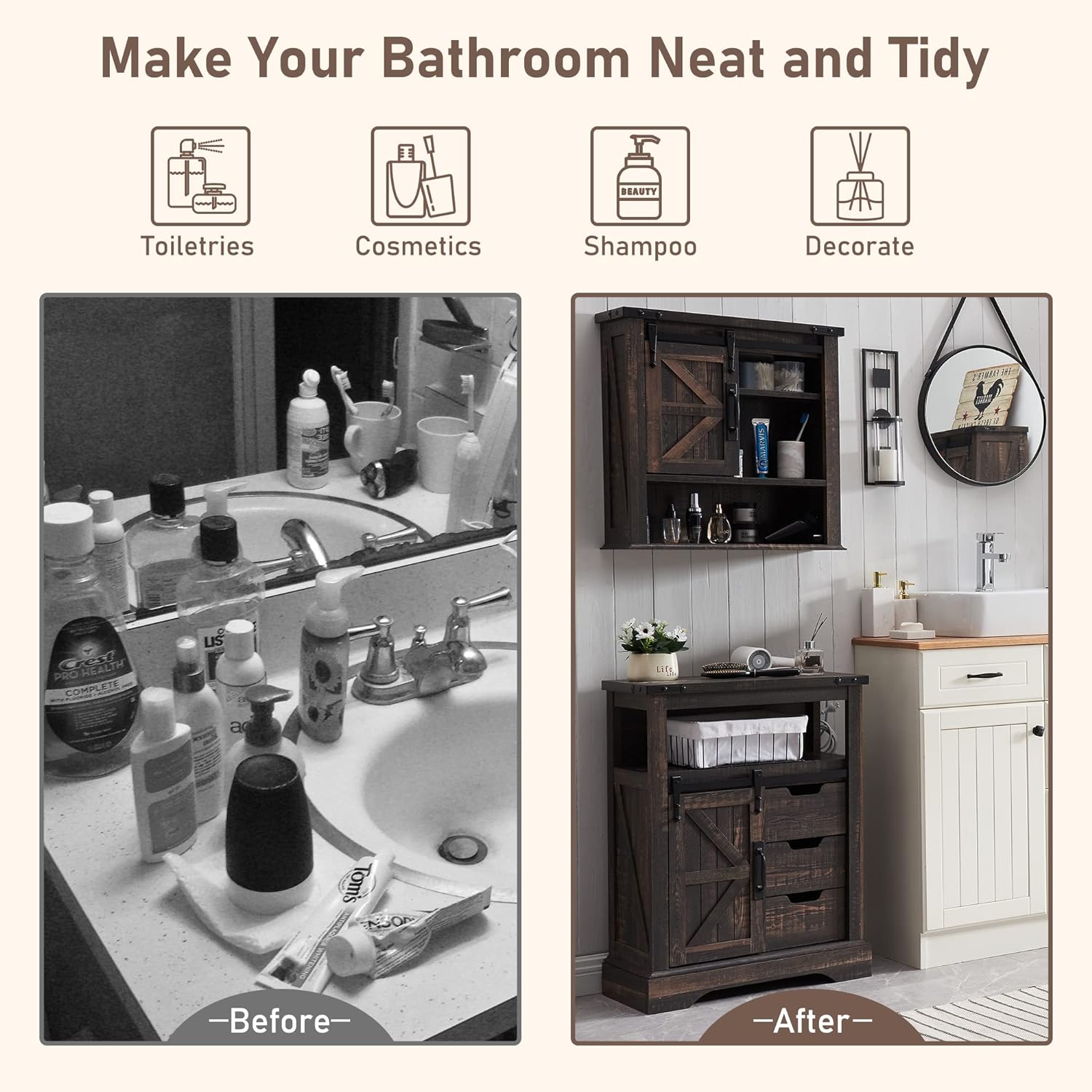 OKD Farmhouse Bathroom Wall Cabinet with Sliding Barn Door