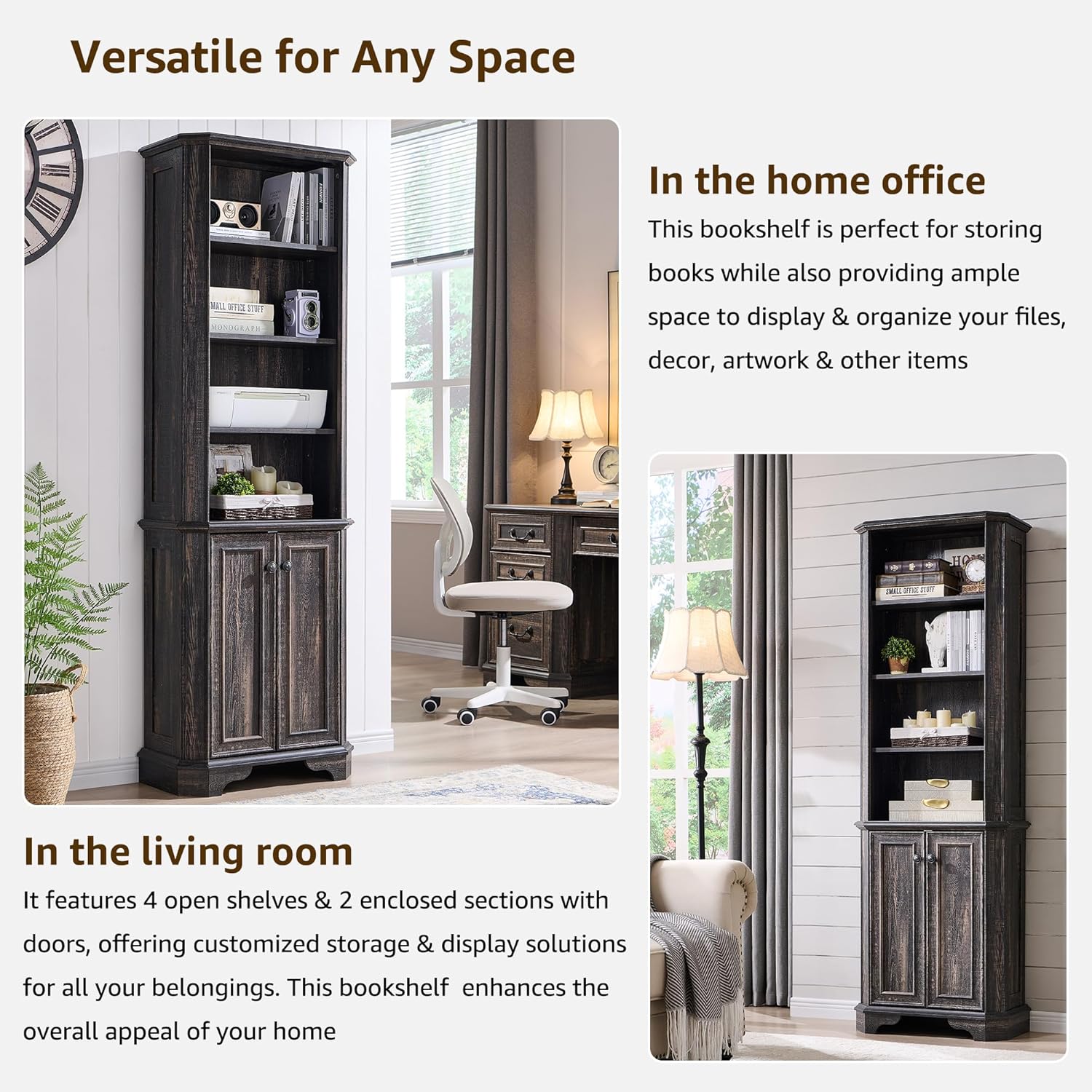 Rustic Oak 6-Tier Bookshelf with Doors and Adjustable Shelves