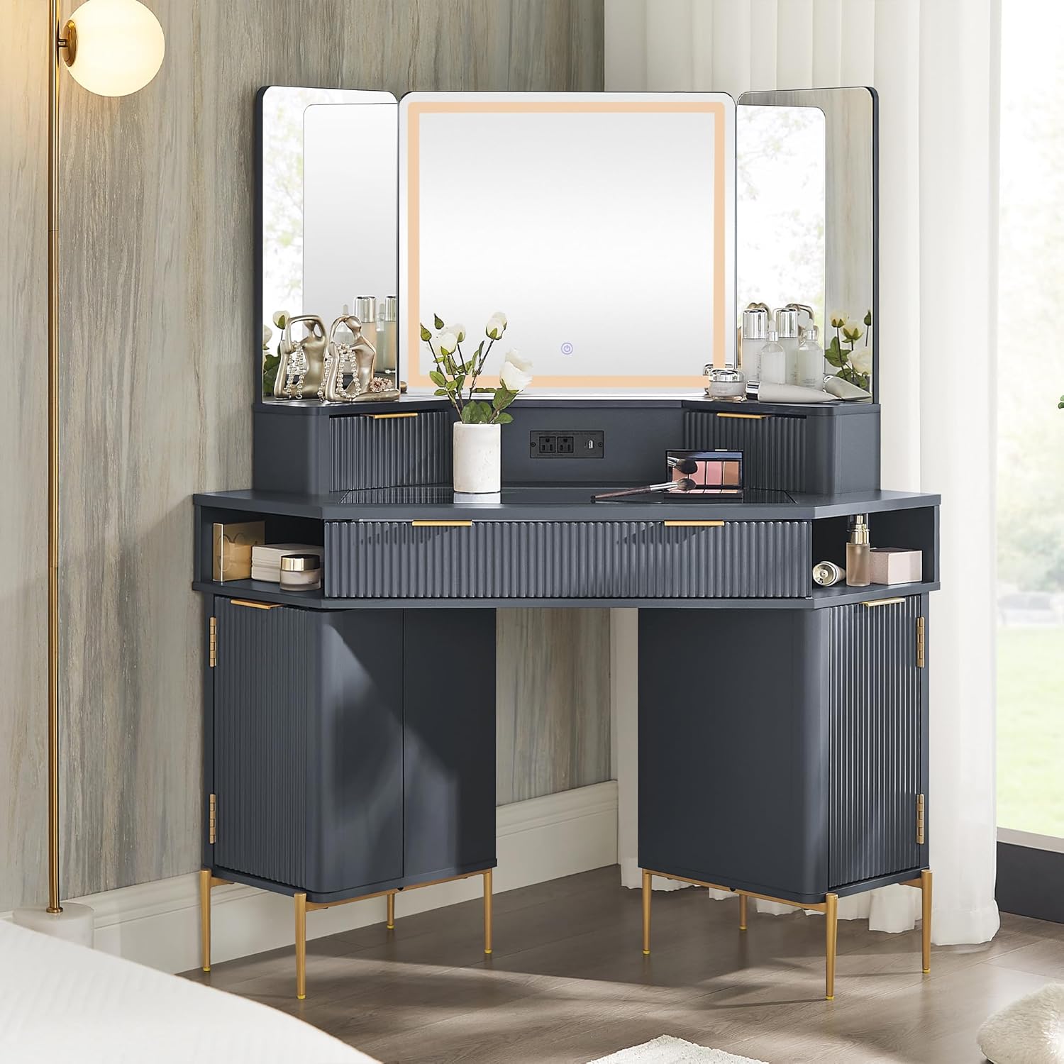 Fluted Corner Vanity Desk 48" with Lighted Mirror and Charging Outlet