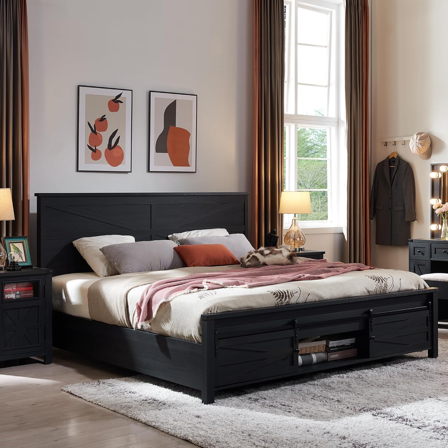 JXQTLINGMU Queen Farmhouse Bed Frame with Barn Door Headboard, Black