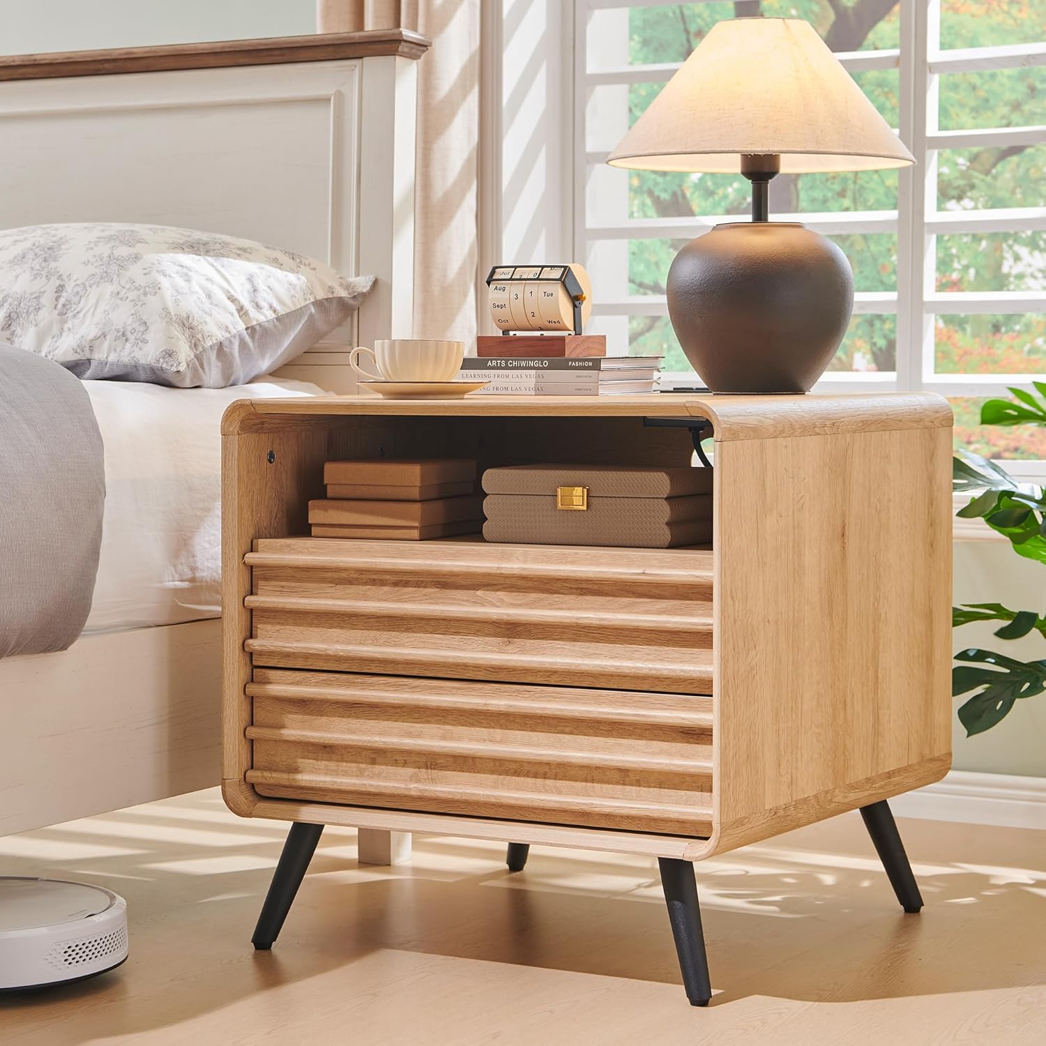RedLemon Mid Century Nightstand with Charger Station & Two Drawers