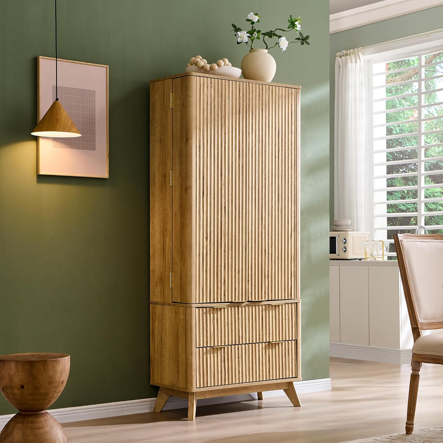 OKD Fluted Natural Oak Pantry Cabinet, 72" Kitchen Hutch
