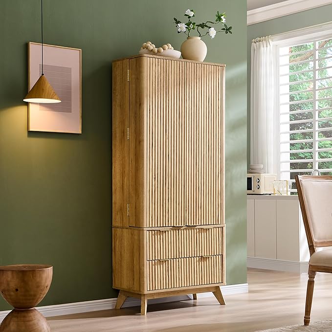 OKD Fluted Natural Oak Pantry Cabinet, 72" Kitchen Hutch