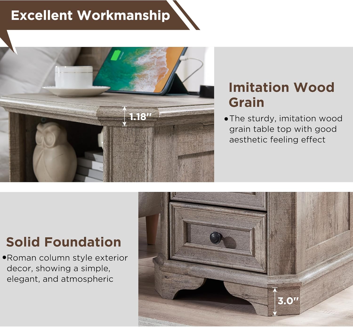 Farmhouse Nightstand with Charging Station Wood End Table Bedside Cabinet