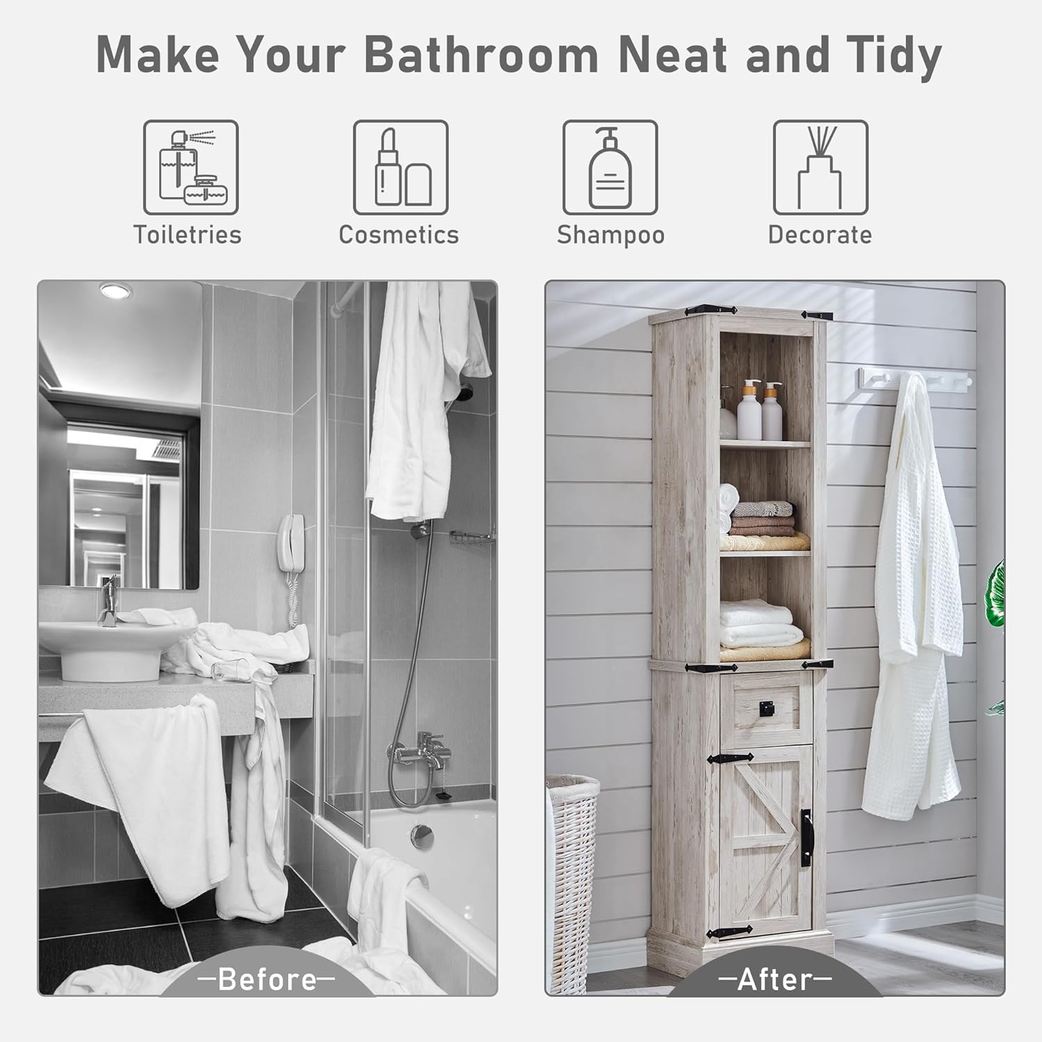 Farmhouse Bathroom Storage Cabinet with Adjustable Shelves and Drawer