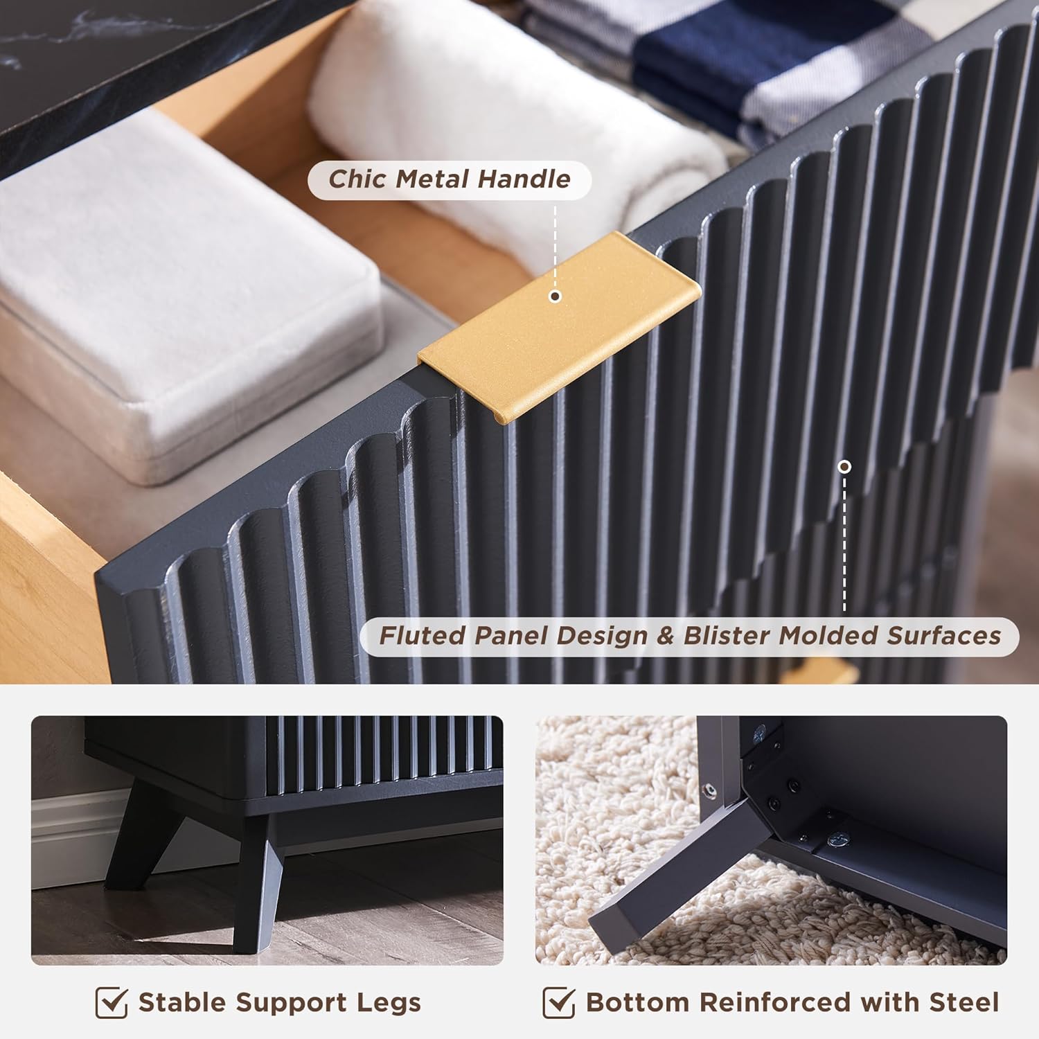 T4TREAM Fluted 6-Drawer Dresser, Dark Grey - Bedroom Organizer