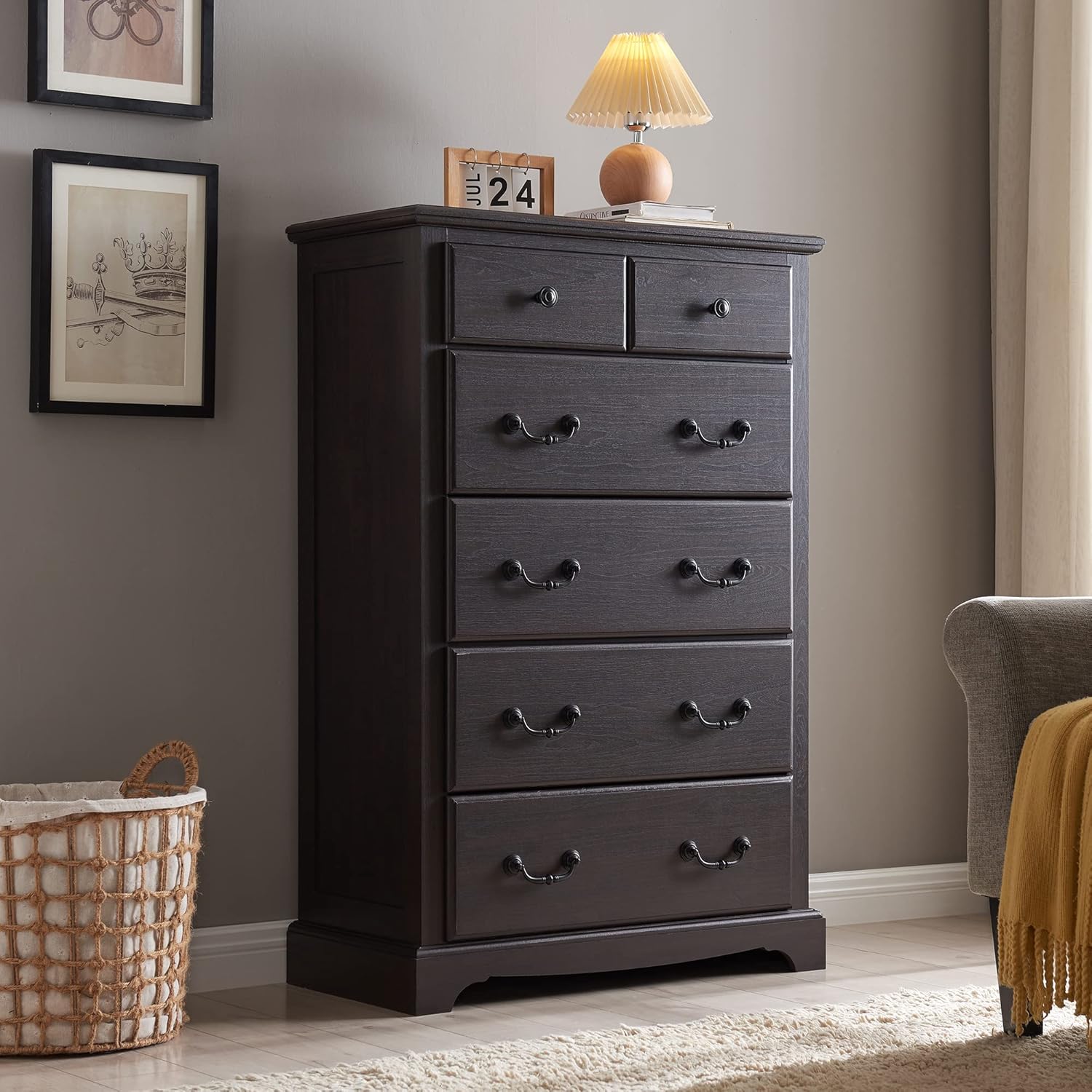 Rustic Espresso Tall 6-Drawer Dresser Chest for Bedroom