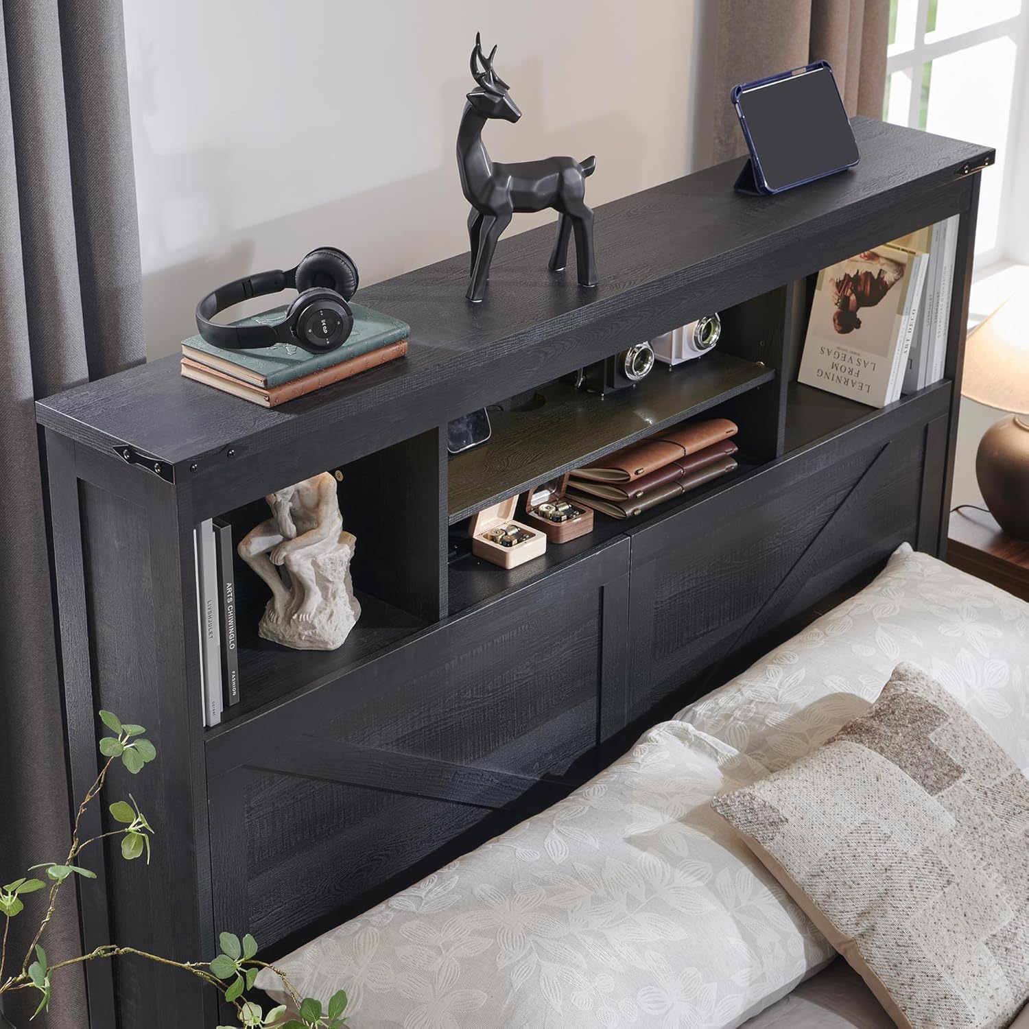 Farmhouse Queen Bed Frame with Headboard, USB Ports and Drawers