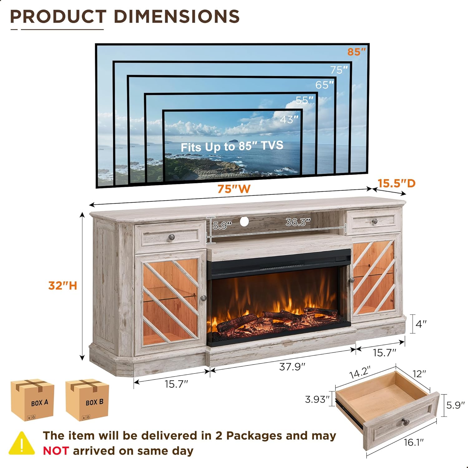 OKD 75 Inch Fireplace TV Stand Entertainment Center Console