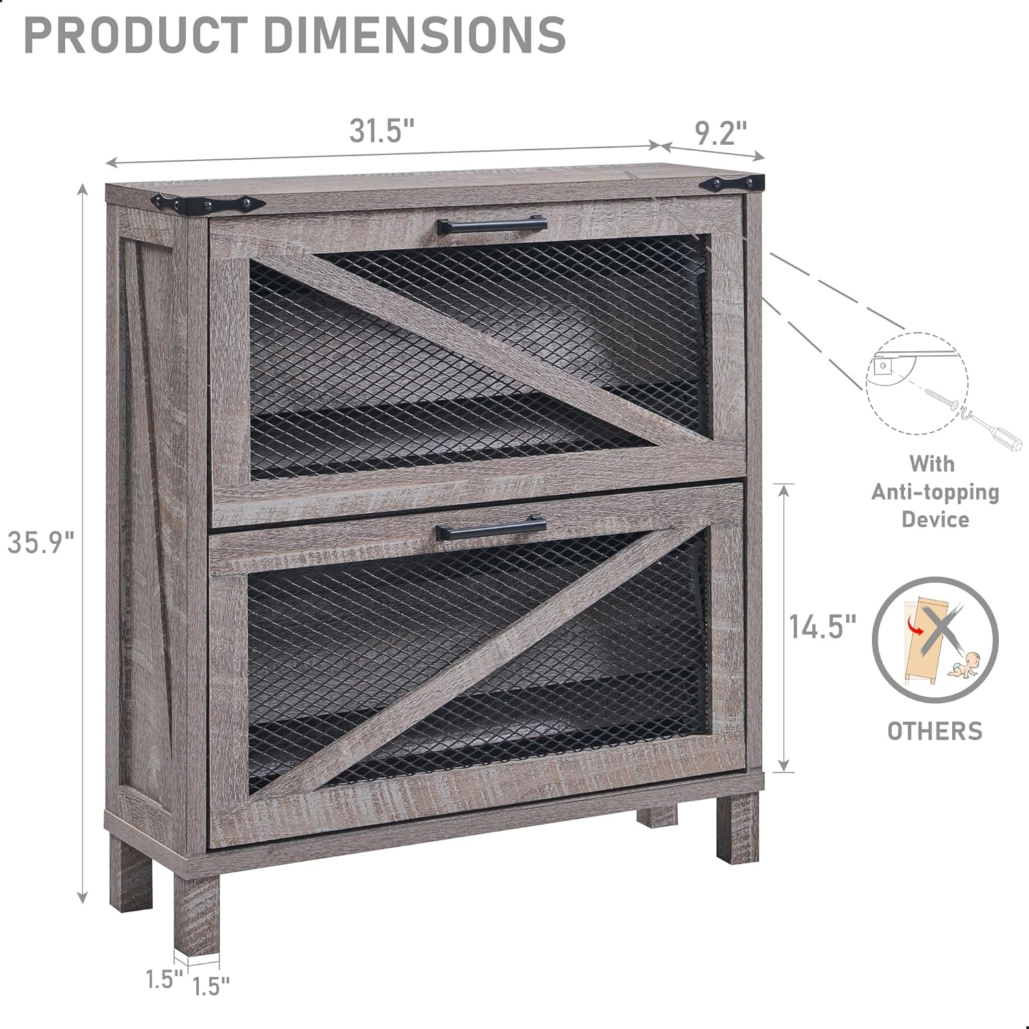 Farmhouse Grey Shoe Cabinet with Flip Drawers and Mesh Doors