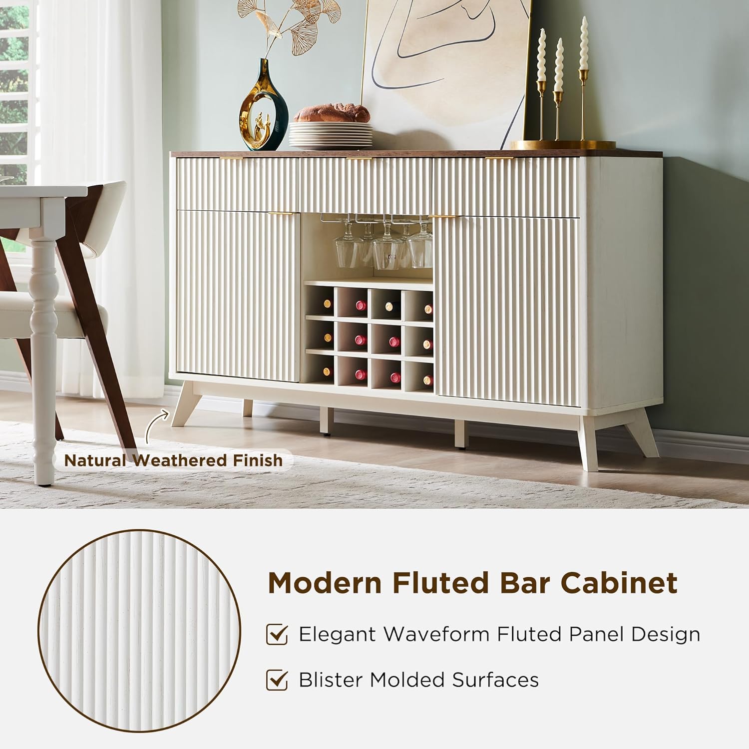 OKD Fluted Wine Bar Cabinet: 60" Modern Coffee Bar, Solid White