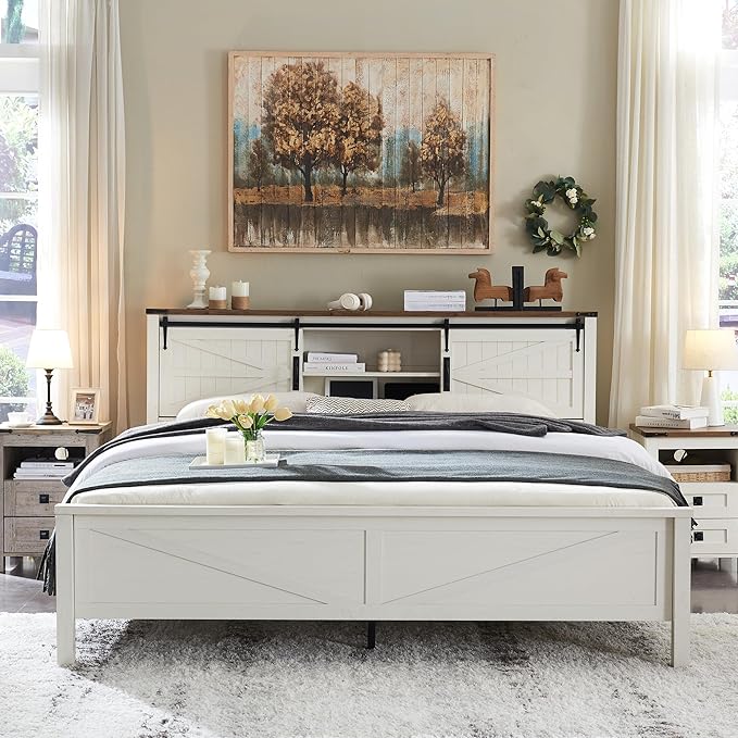 Farmhouse Full Size Bed Frame with Bookcase Headboard and Charging