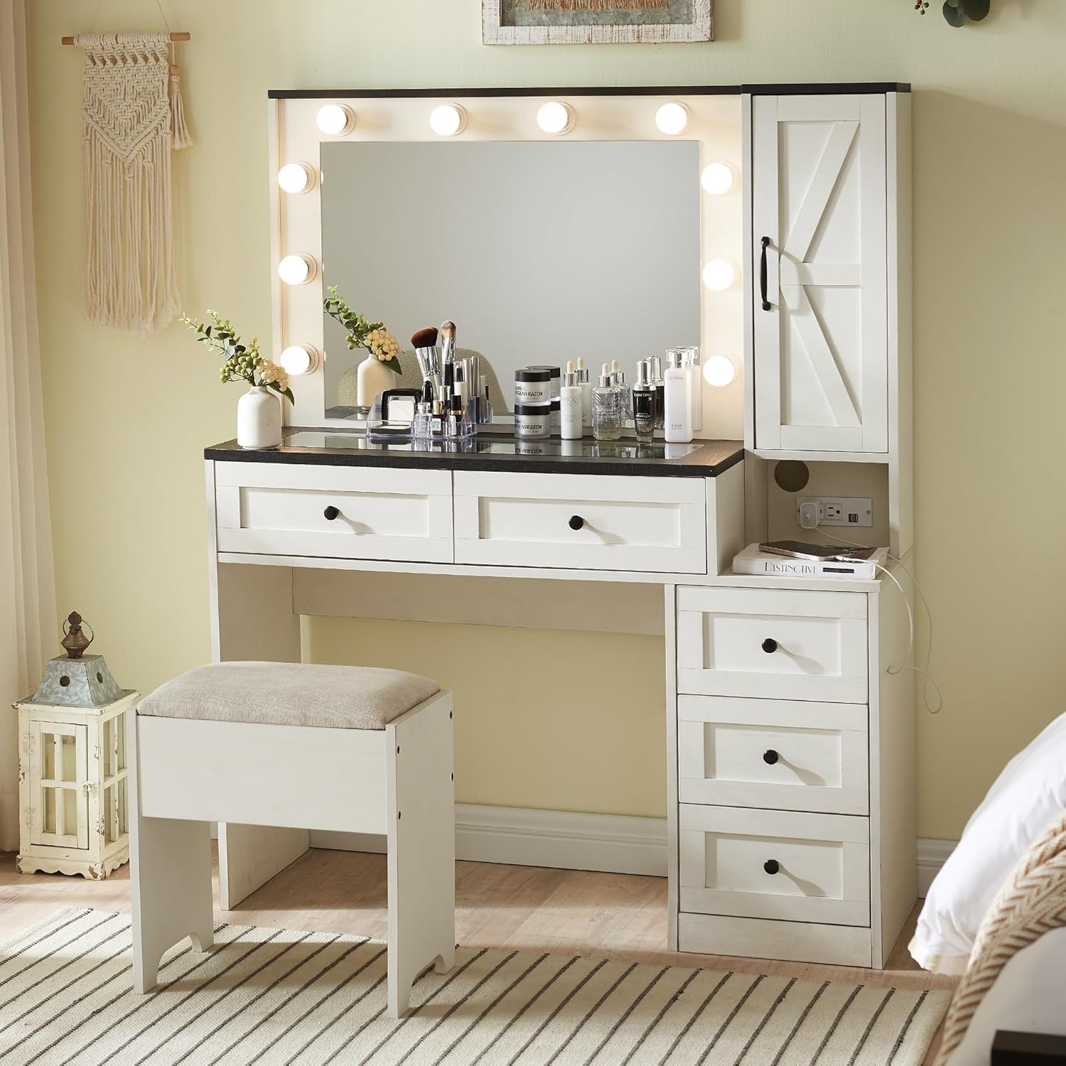 Farmhouse Style Vanity Makeup Desk with Lighted Mirror & Charging