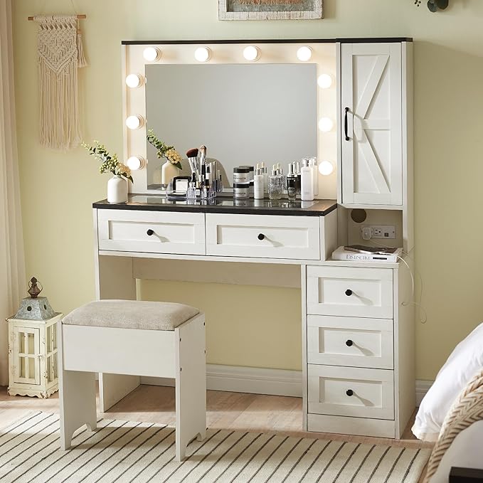 Farmhouse Style Vanity Makeup Desk with Lighted Mirror & Charging