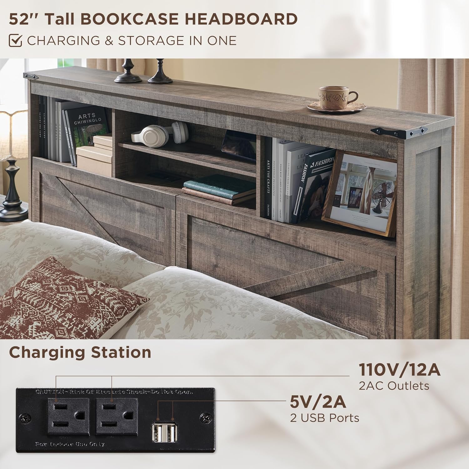 Full Size Farmhouse Wood Bed Frame with Storage Headboard & Drawers