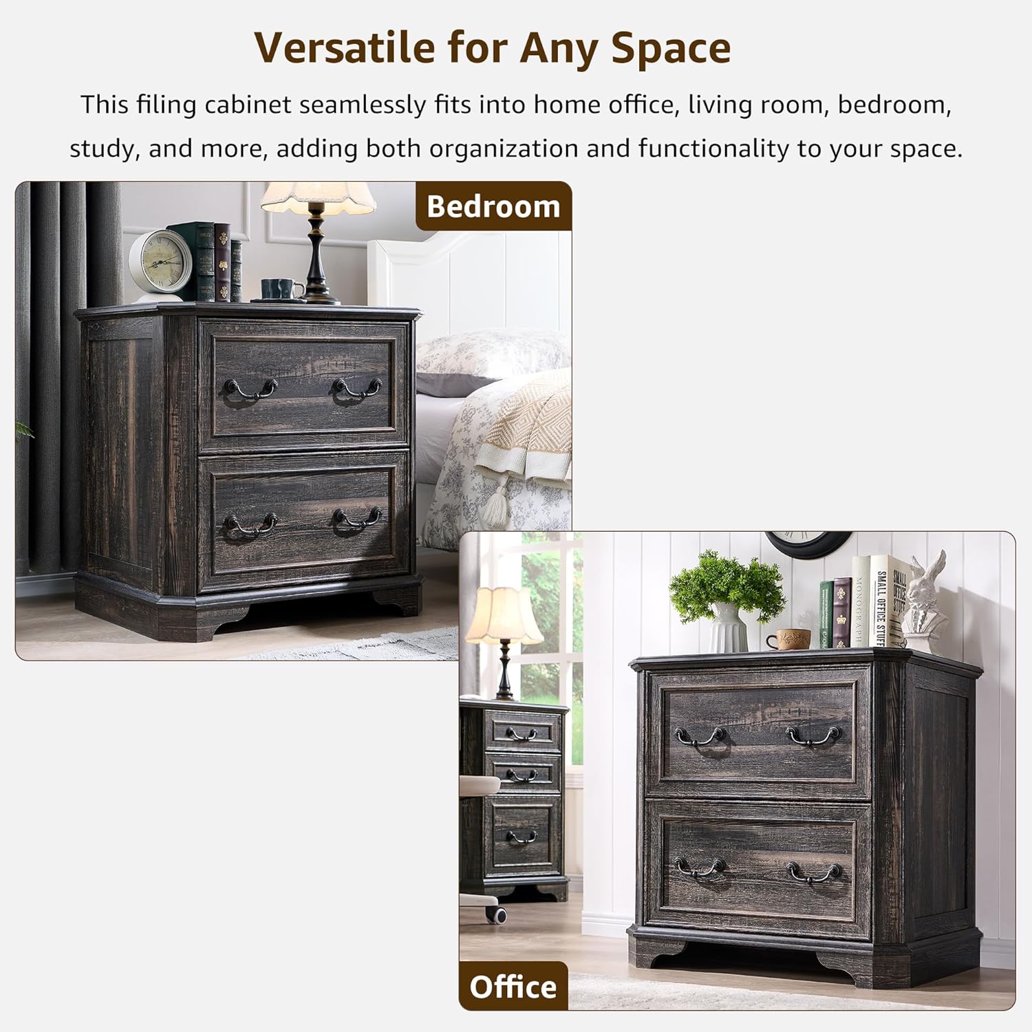 T4TREAM Rustic Oak 2-Drawer File Cabinet with Extended Desktop