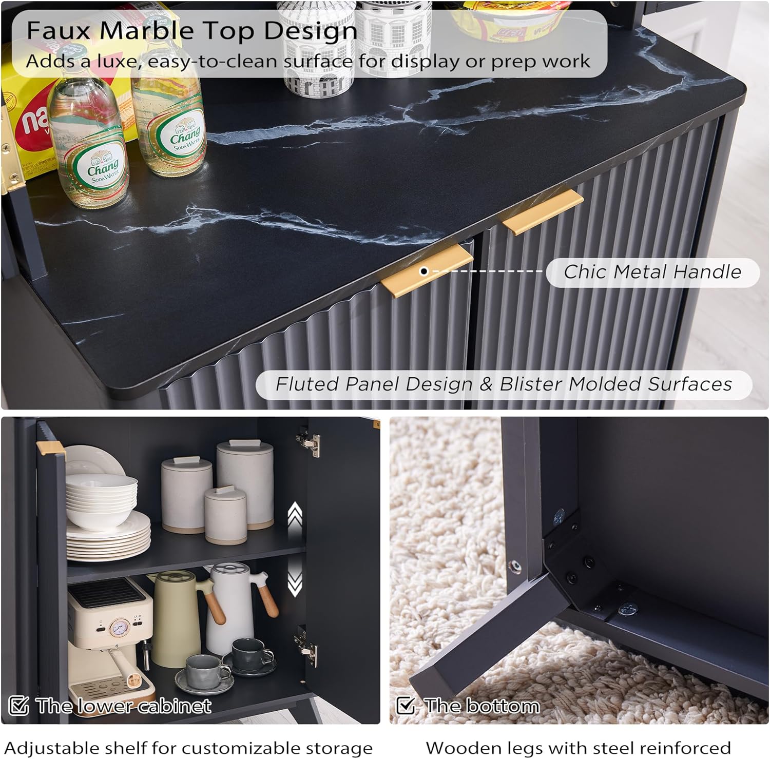 72" Mid-Century Modern Fluted Kitchen Pantry Cabinet, Dark Grey