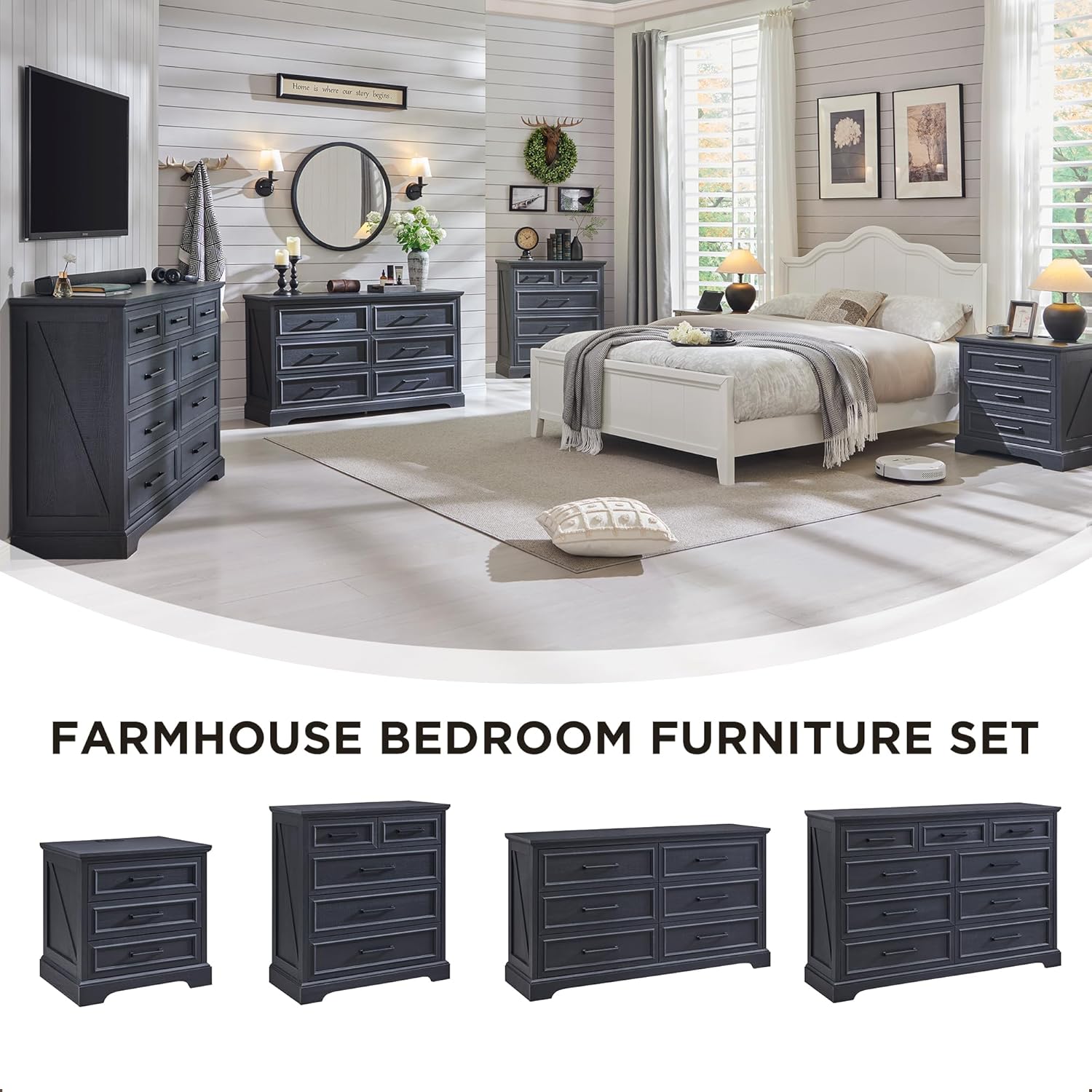 Farmhouse Nightstand with Charging Station Wide End Table Dresser Black