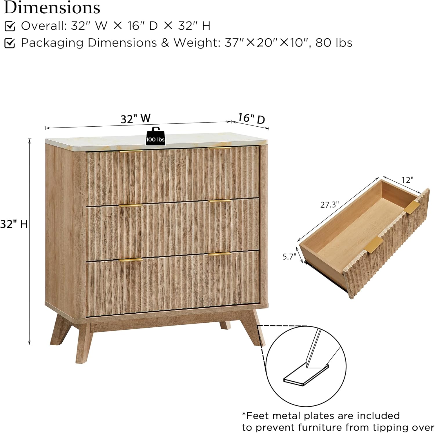 T4TREAM Fluted 3-Drawer Dresser: Modern Chest with Faux Marble Top
