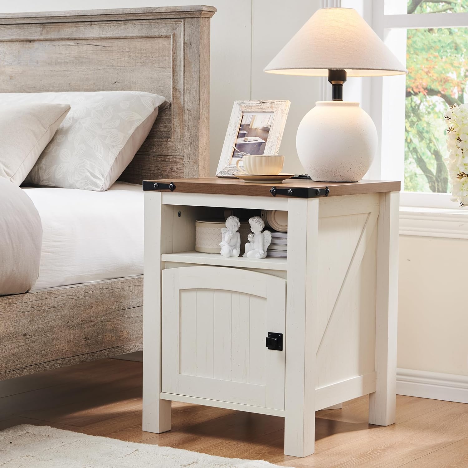 OKD Farmhouse Nightstand with Charging Station Rustic End Table