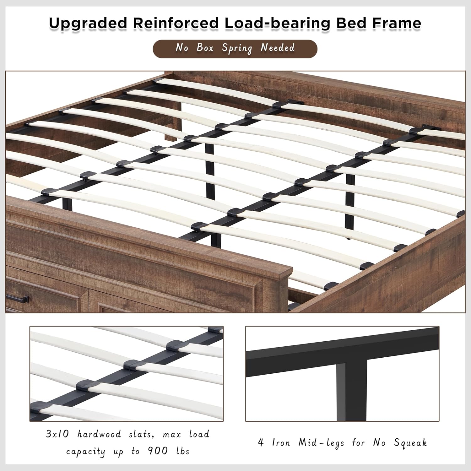 King Size Farmhouse Wood Platform Bed Frame with Storage Drawers