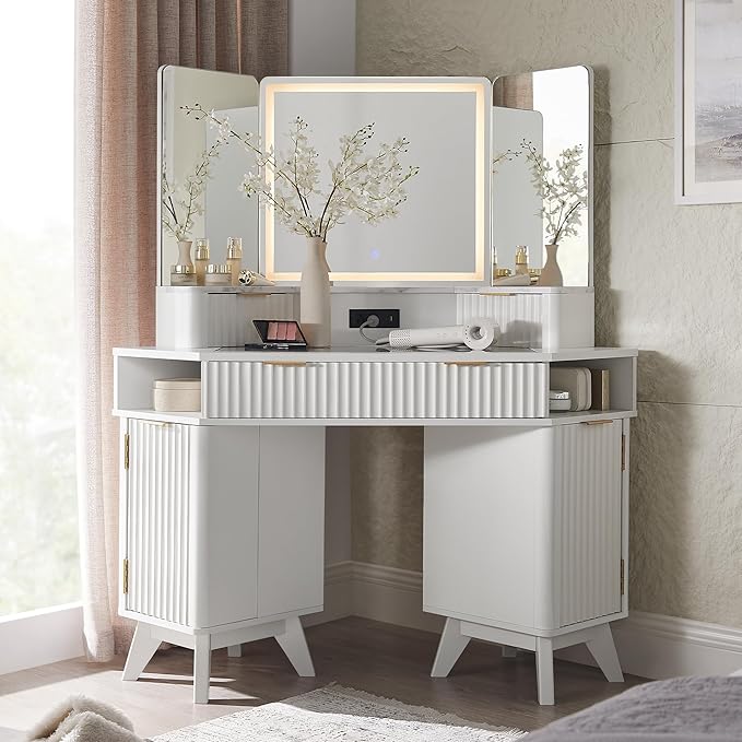 Fluted Makeup Vanity Desk with 3-Way Mirror and Lights