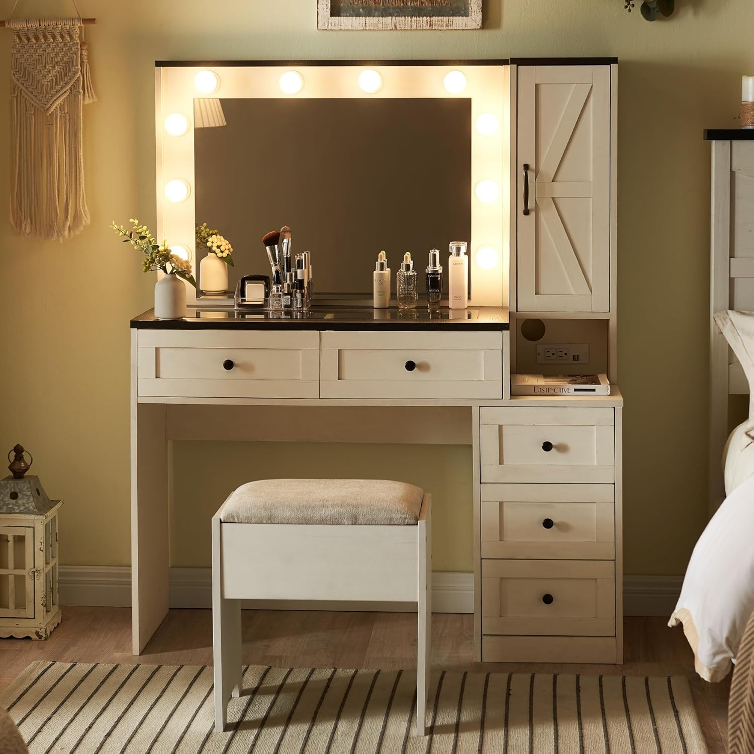 Farmhouse Style Vanity Makeup Desk with Lighted Mirror & Charging