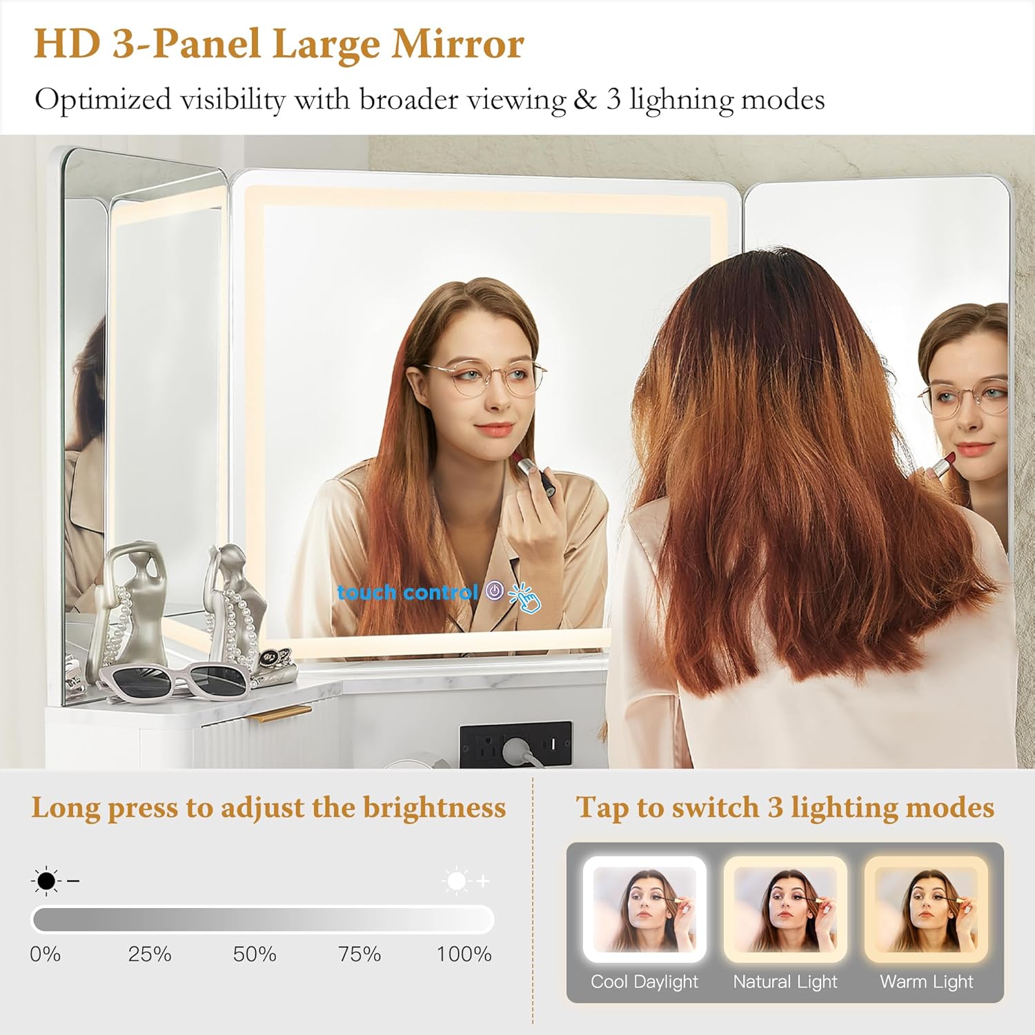 Fluted Corner Vanity Desk with Lighted Mirror and Charging Outlet